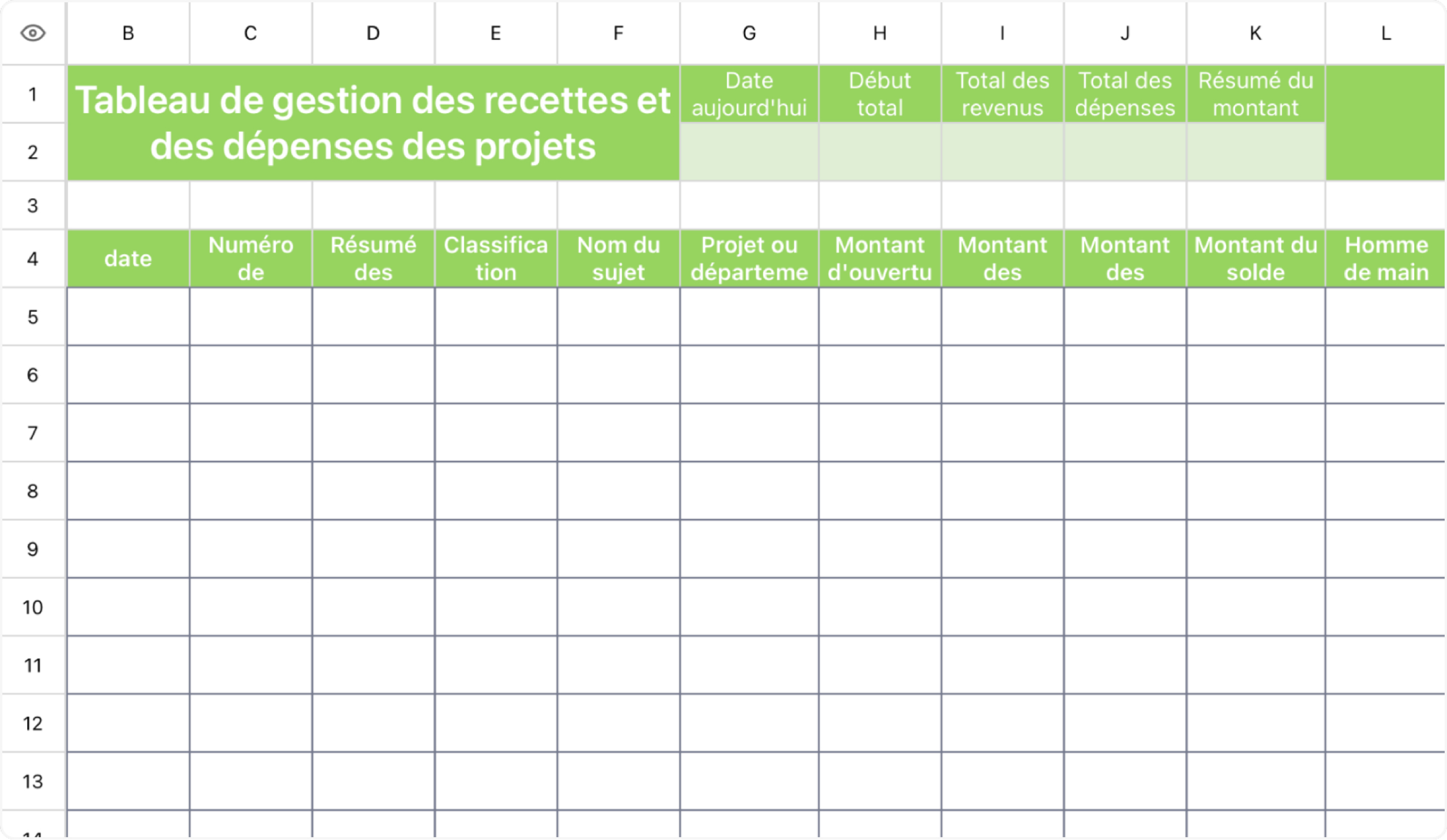Tableau de gestion des recettes et des dépenses des projets d'ingénierie